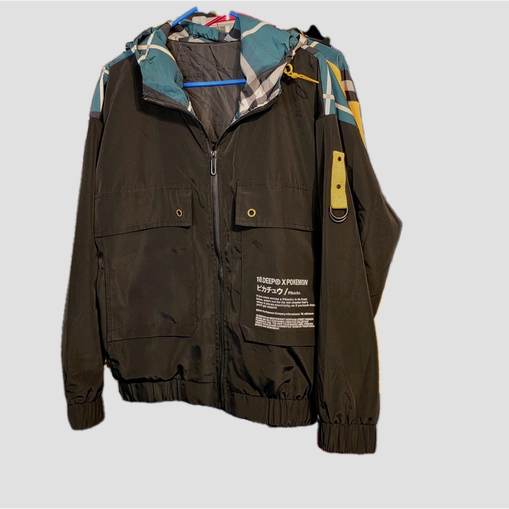 10.DEEP x Pokémon Jacket Blue Hooded Pikachu Size 2XL Graphic Plaid Zip